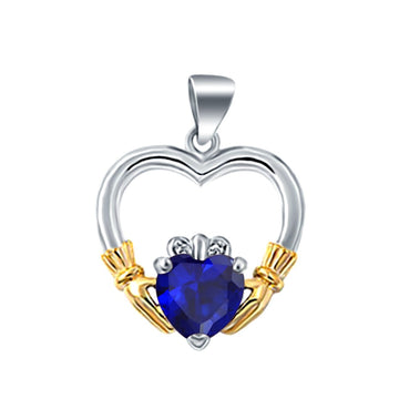 Claddagh Charm Heart Pendant Simulated Blue Sapphire CZ 925 Sterling Silver (21mm)